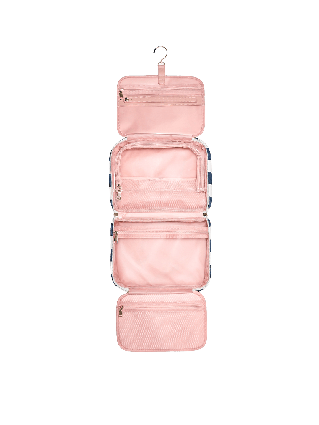 Pink hanging travel organizer with multiple compartments 