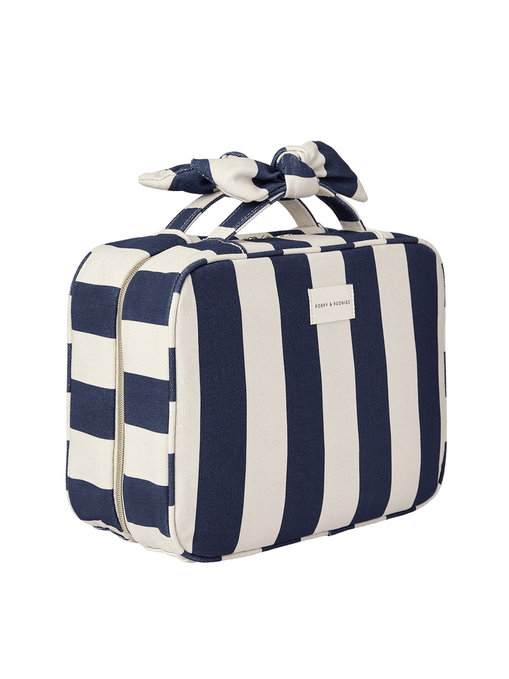 Navy and white striped hanging cosmetic case
