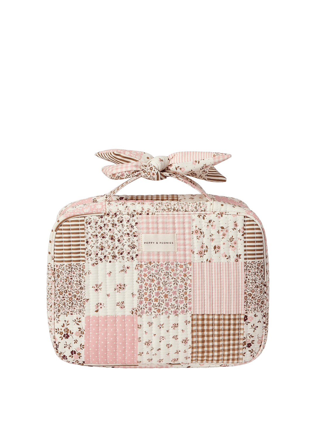Patchwork-style cosmetic bag with floral and checkered patterns