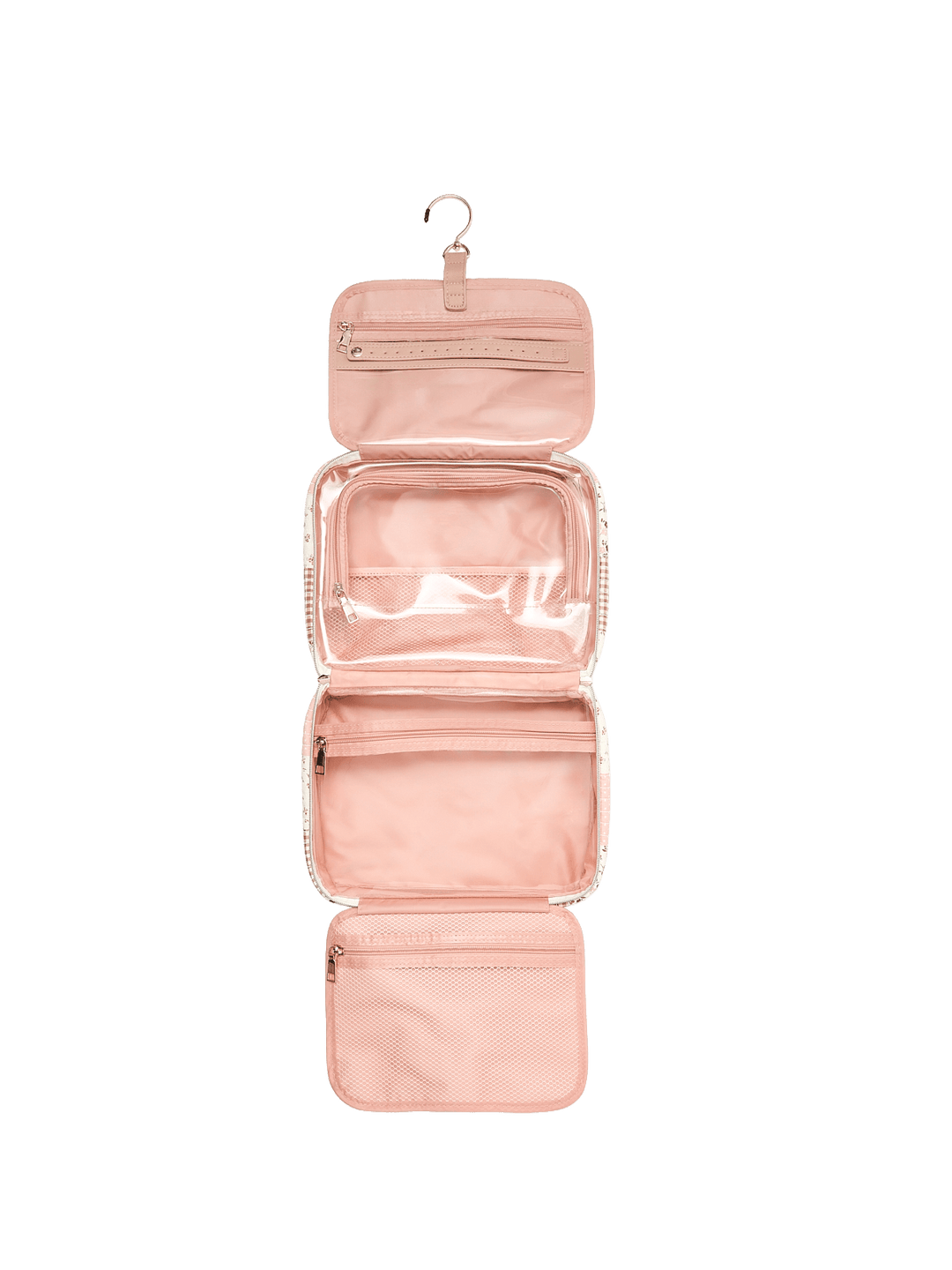 Pink hanging travel organizer with multiple compartments