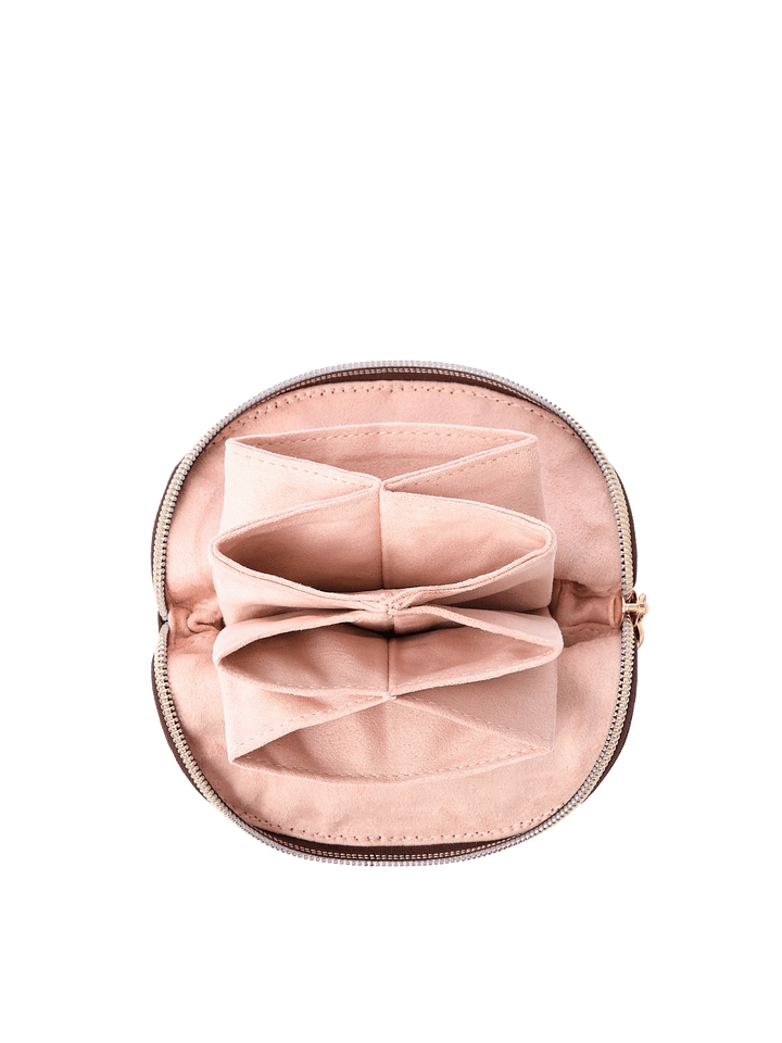 Interior of Knot Today Jewelry Case in Espresso with soft microsuede lining and four jewelry pockets