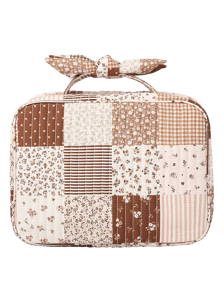 Back view of Large Hook Me Up Cosmetic Case in Brown Patchwork