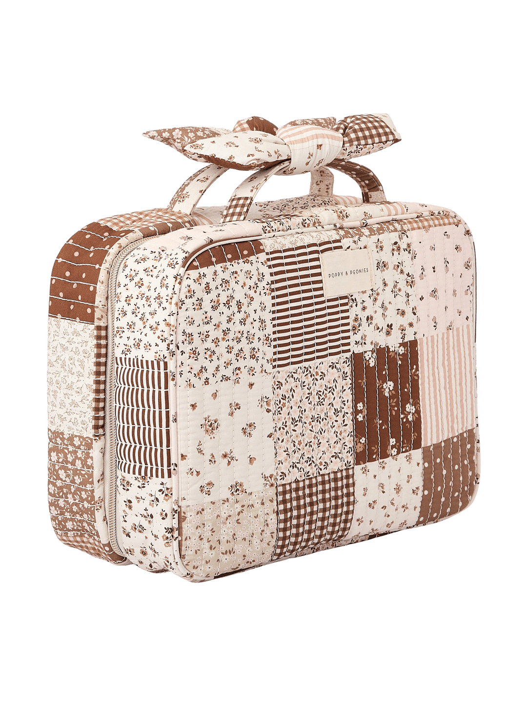 Angled side view of Large Hook Me Up Cosmetic Case in Brown Patchwork