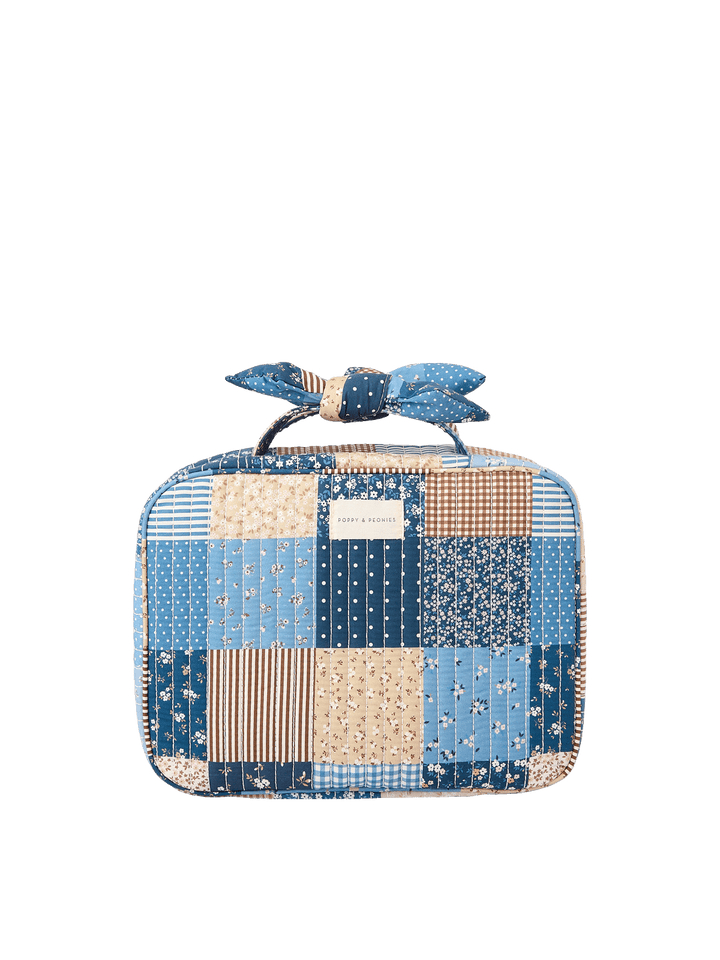 Navy Patchwork hanging cosmetic case in quilted cotton