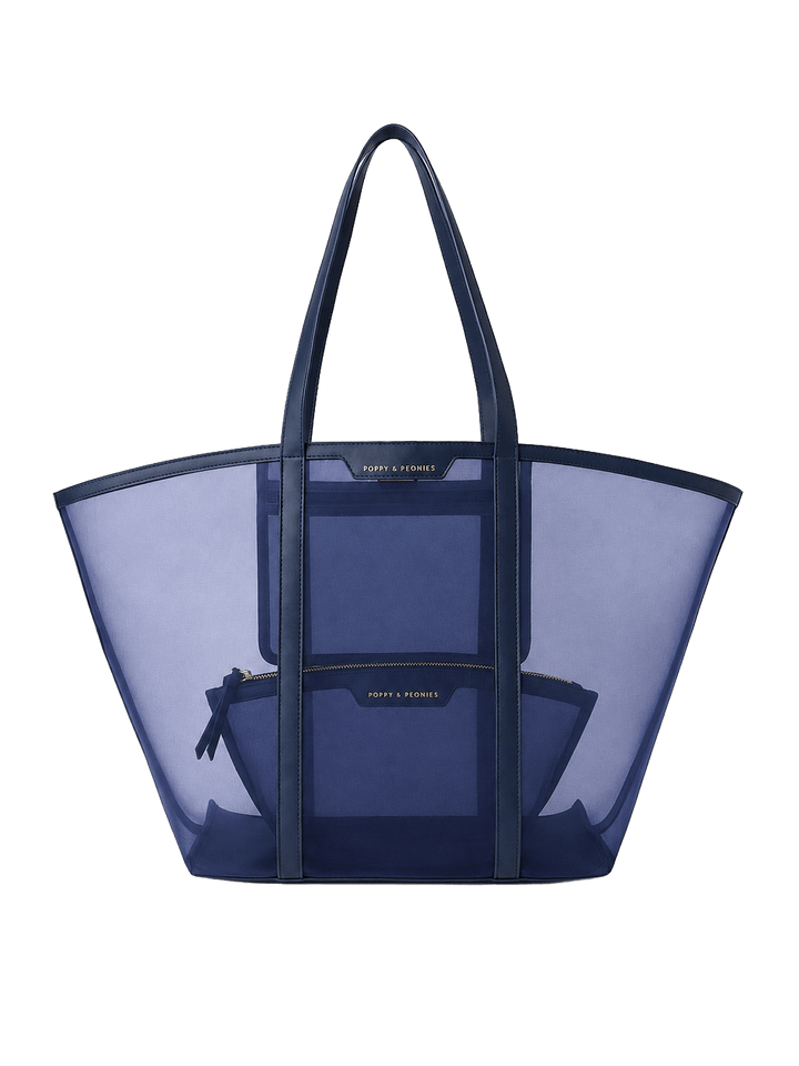 Navy blue mesh tote bag with matching cosmetic bag inside