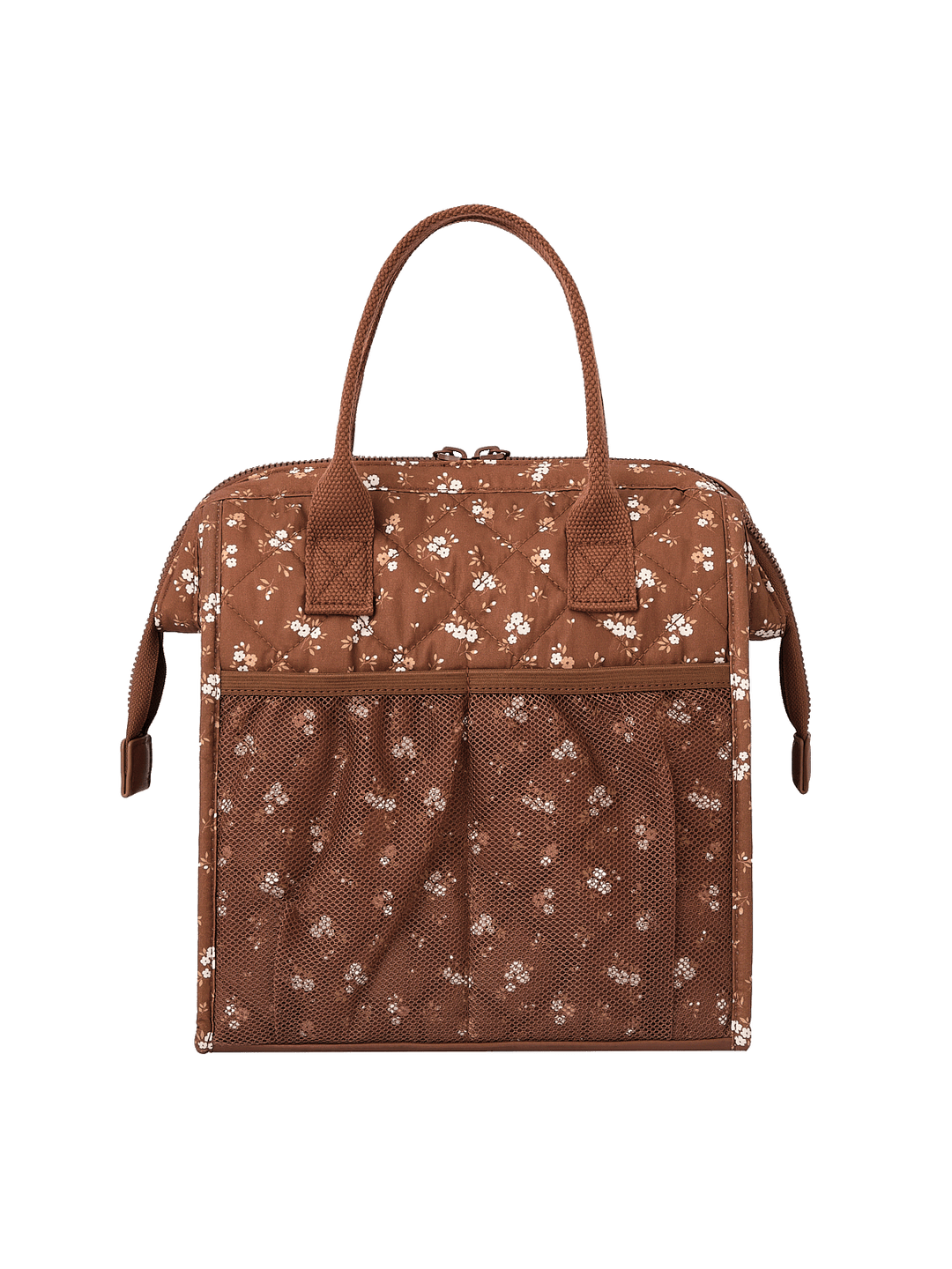 Back view of The Lunch Bag in Brown Floral with rear mesh water bottle pocket