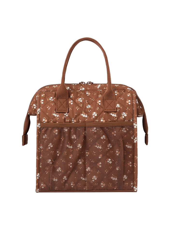 Back view of The Lunch Bag in Brown Floral with rear mesh water bottle pocket