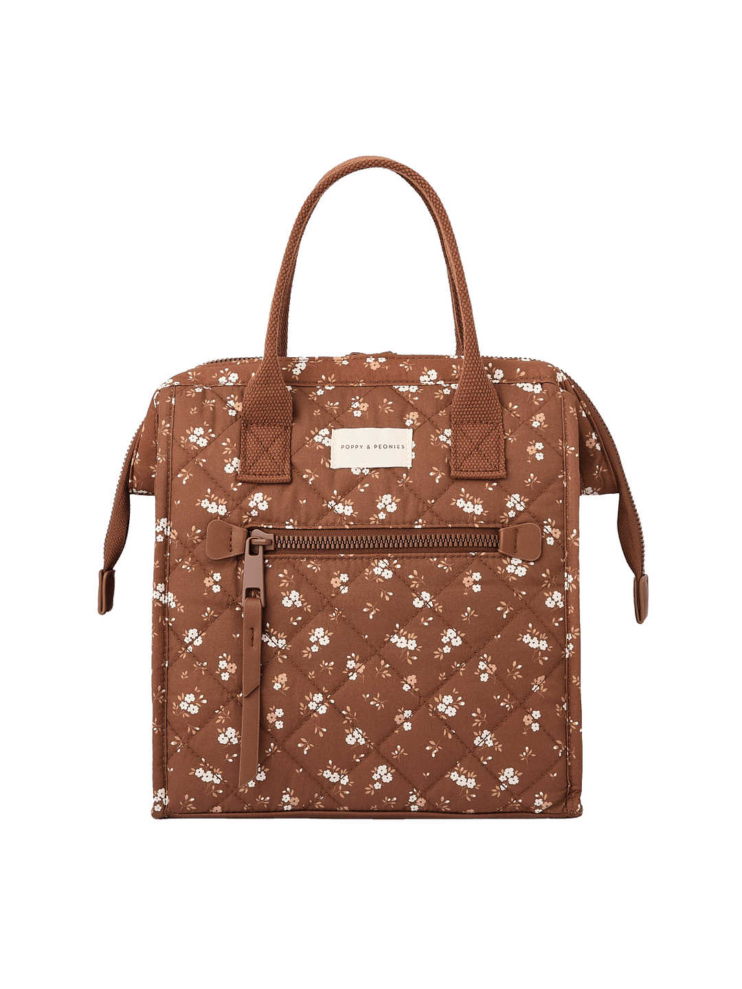 Front view of The Lunch Bag in Brown Floral