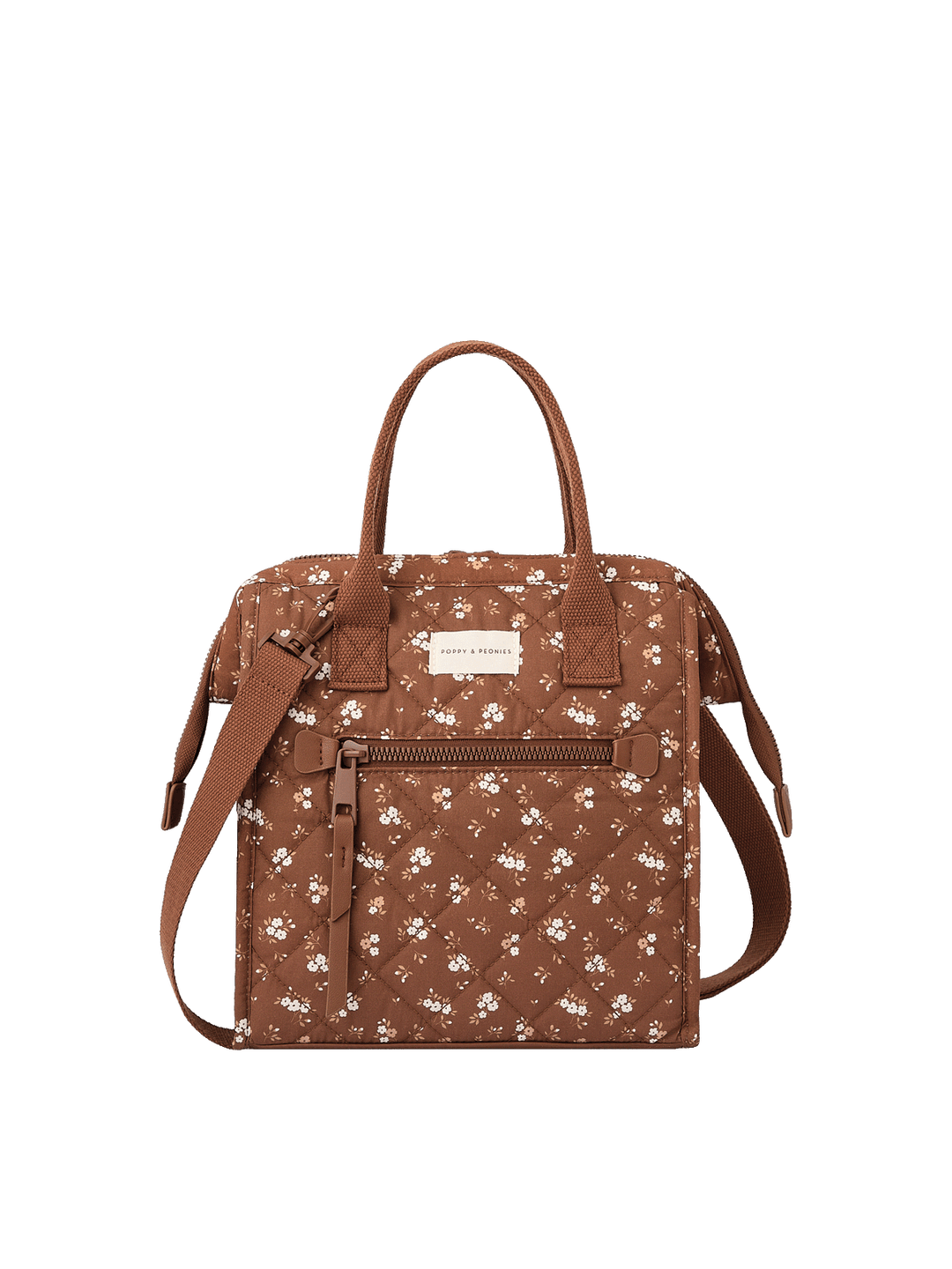 The Lunch Bag in Brown Floral with adjustable crossbody strap and front zip pocket