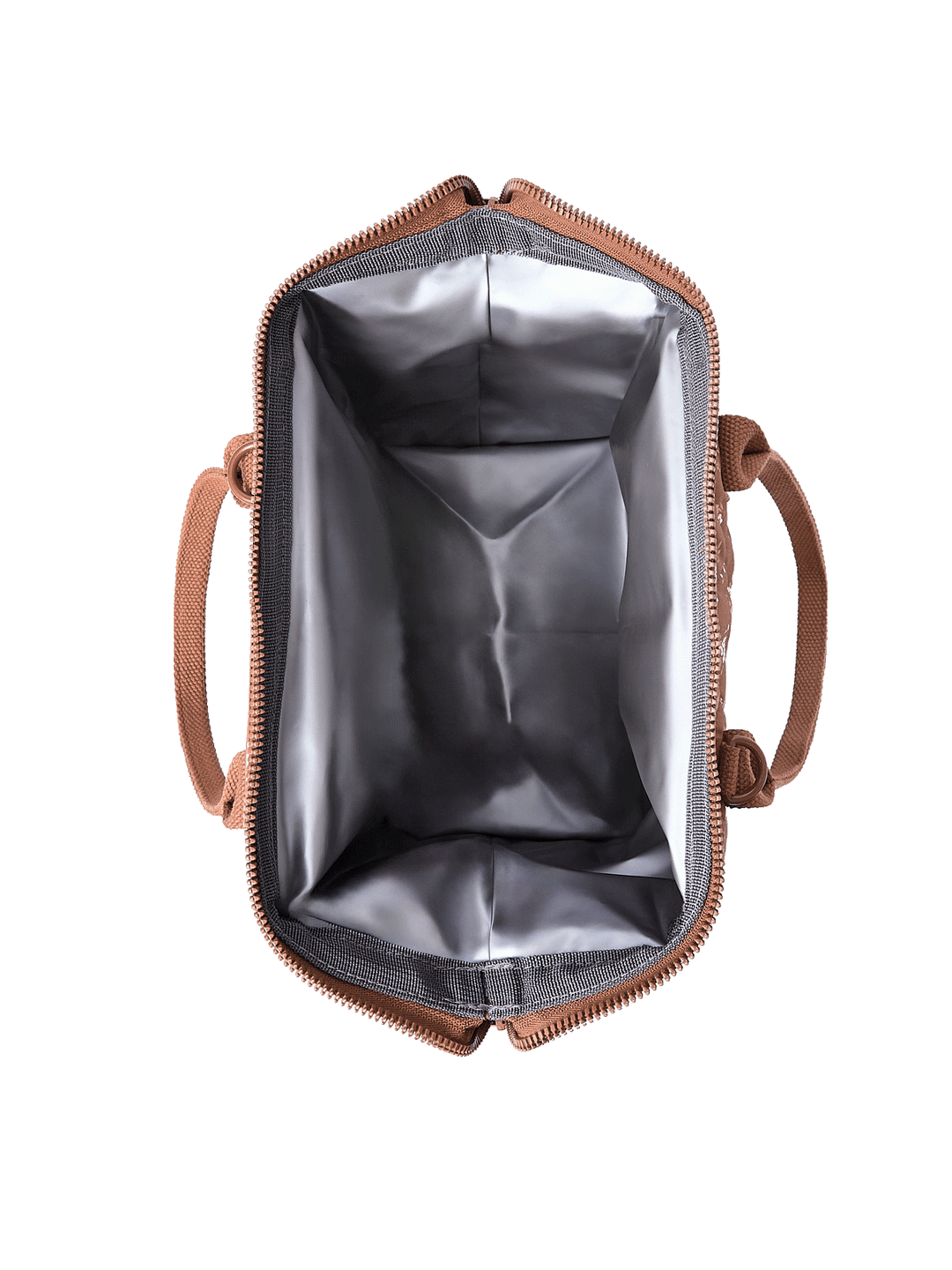 Open top view of The Lunch Bag in Brown Floral showing insulated leakproof interior