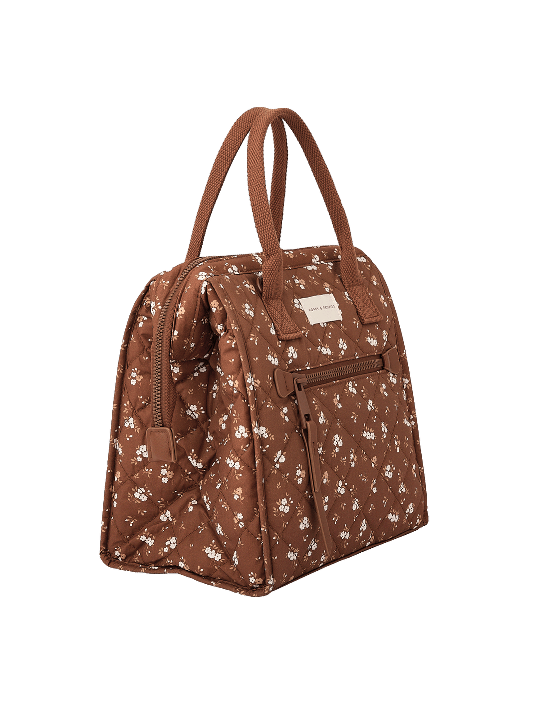 Angled side view of The Lunch Bag in Brown Floral