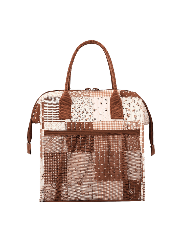 Back view of The Lunch Bag in Brown Patchwork with rear mesh water bottle pocket
