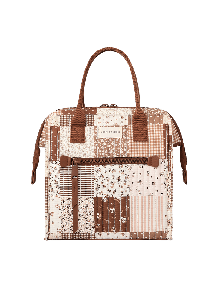 Front view of The Lunch Bag in Brown Patchwork