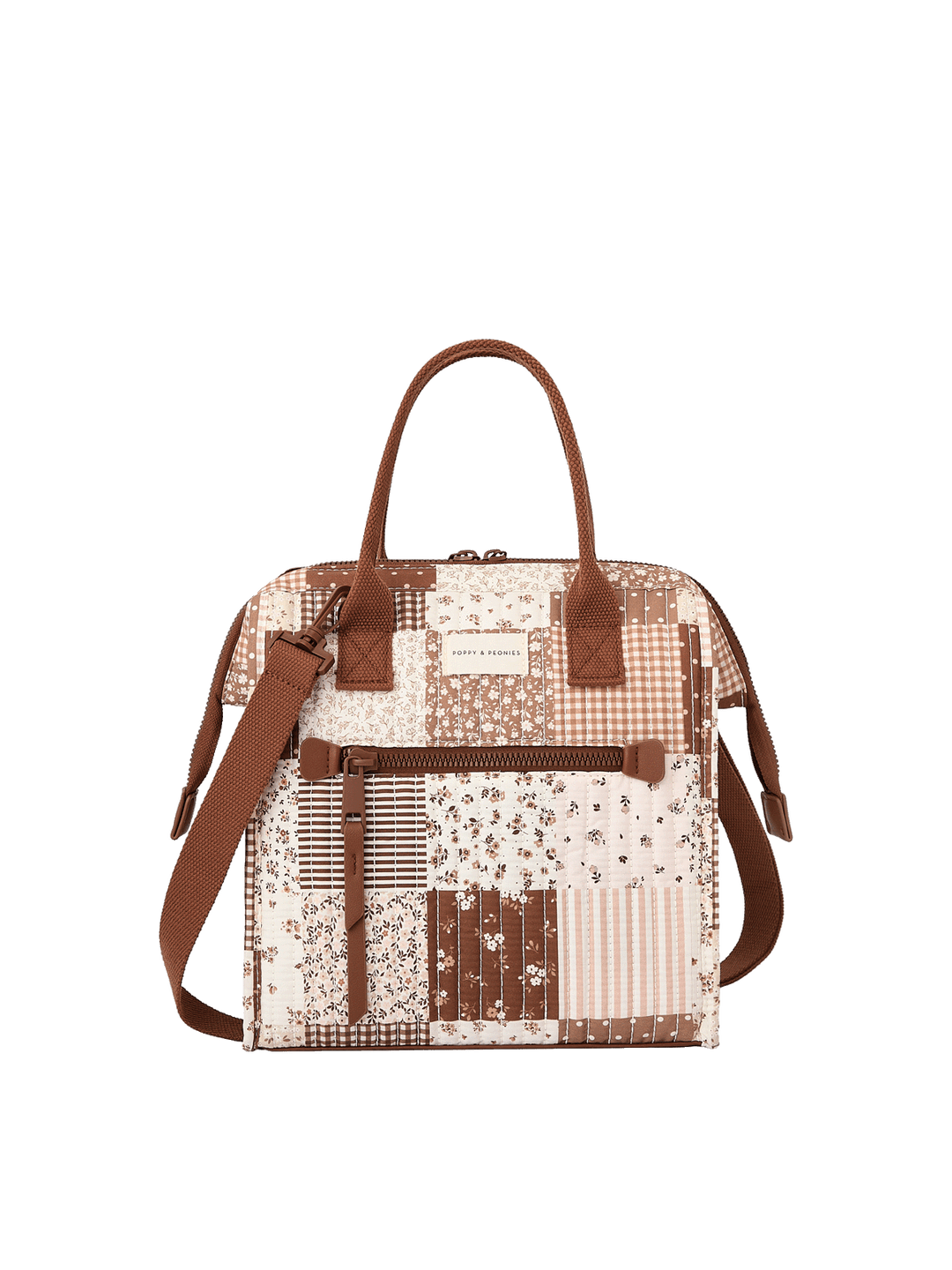 The Lunch Bag in Brown Patchwork with adjustable crossbody strap and front zip pocket