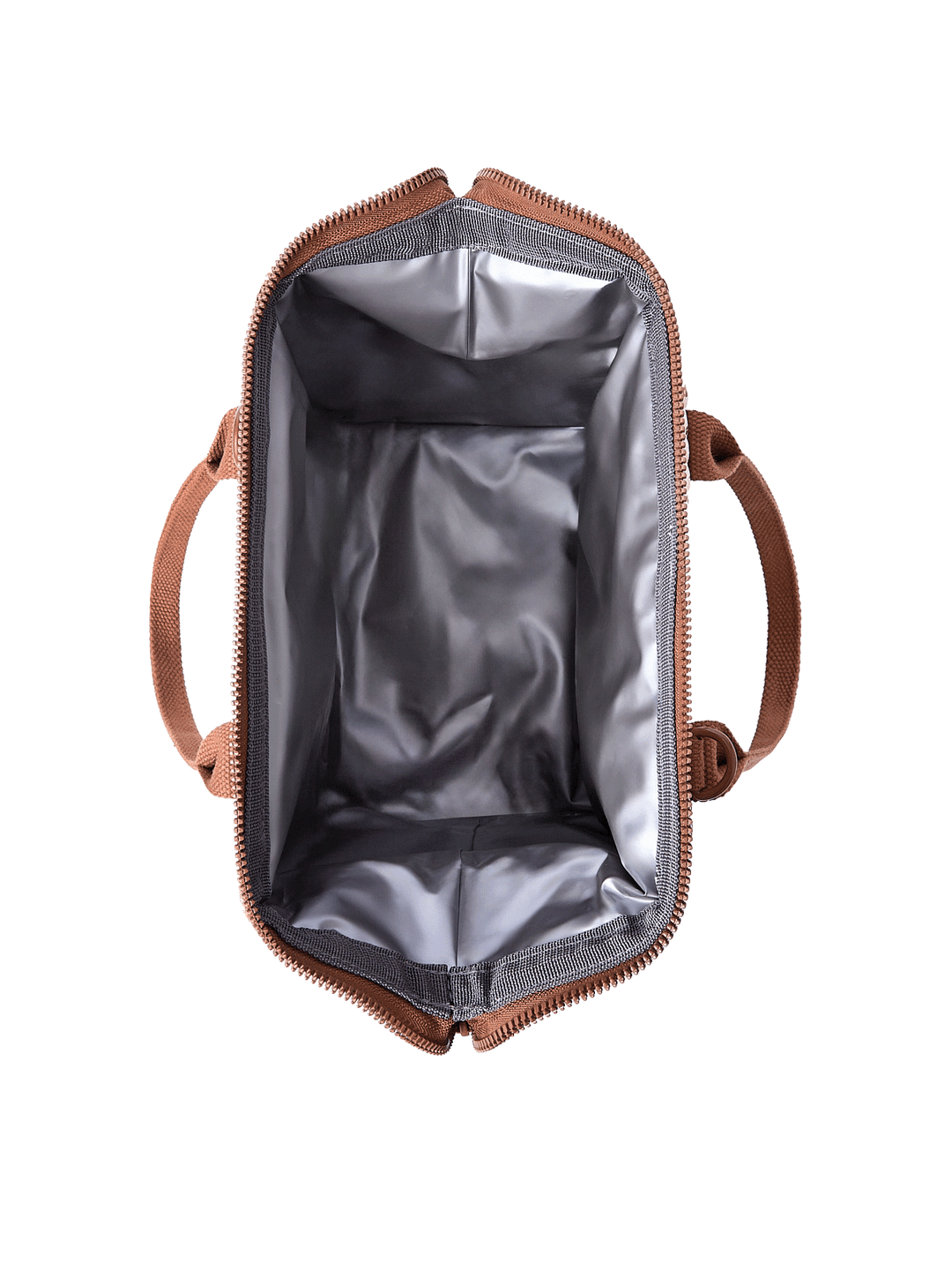Open top view of The Lunch Bag in Brown Patchwork showing insulated leakproof interior