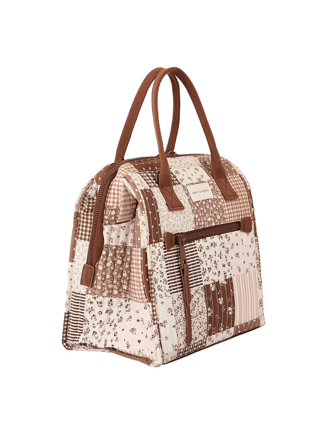 Angled side view of The Lunch Bag in Brown Patchwork