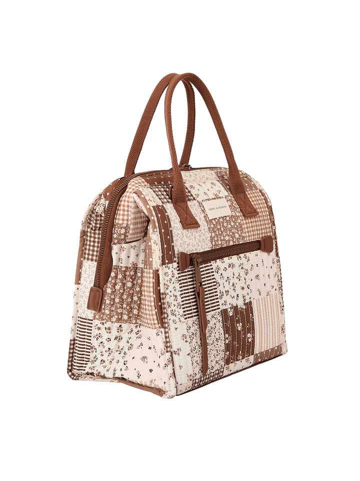 Angled side view of The Lunch Bag in Brown Patchwork