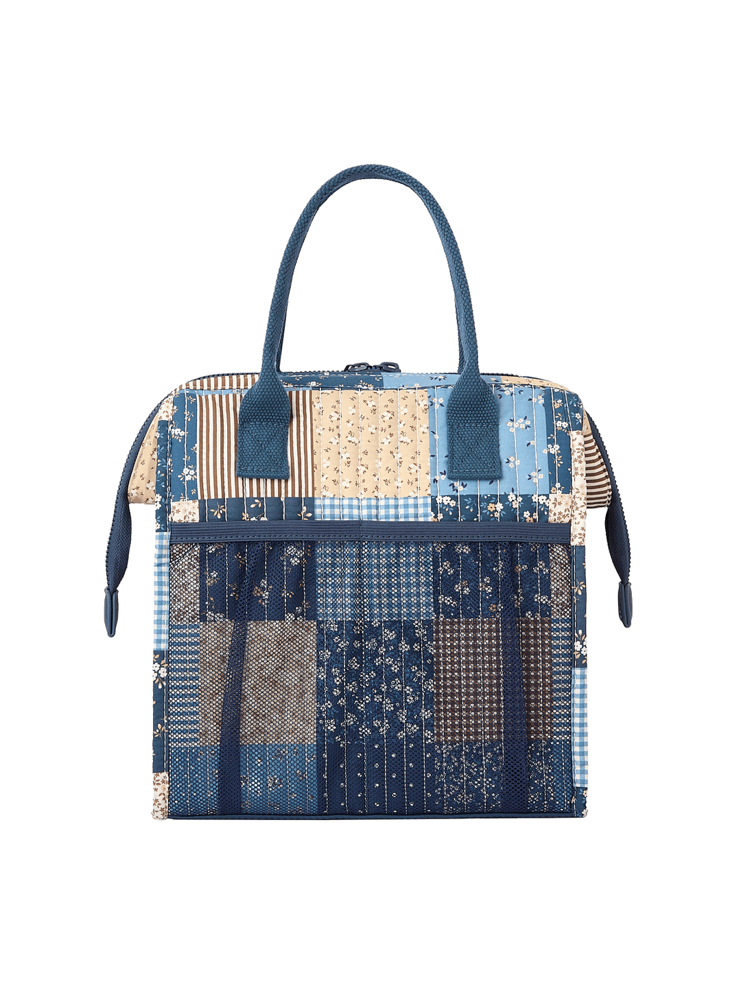 Back view of The Lunch Bag in Navy Patchwork with rear mesh water bottle pocket