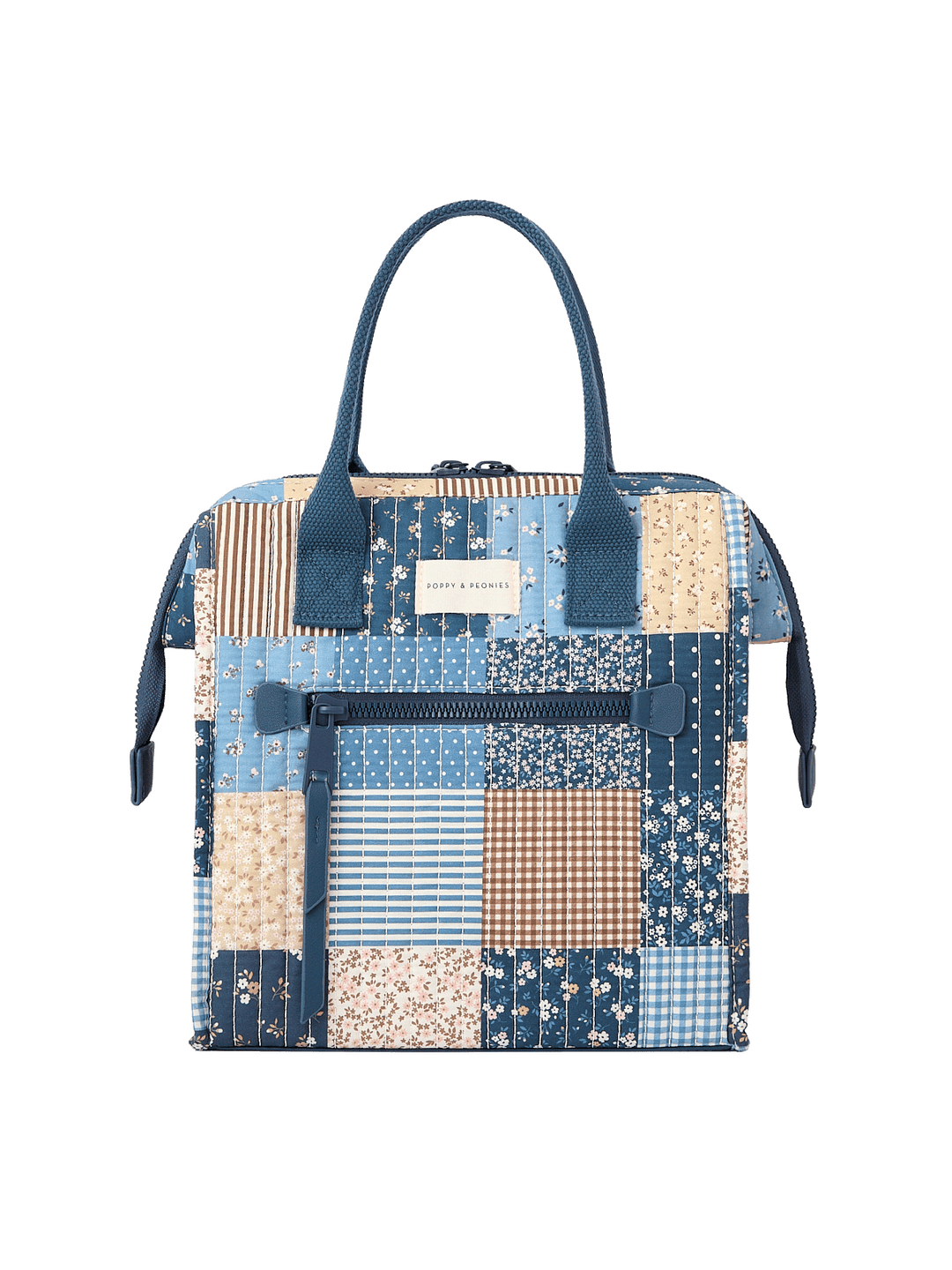 Front view of The Lunch Bag in Navy Patchwork