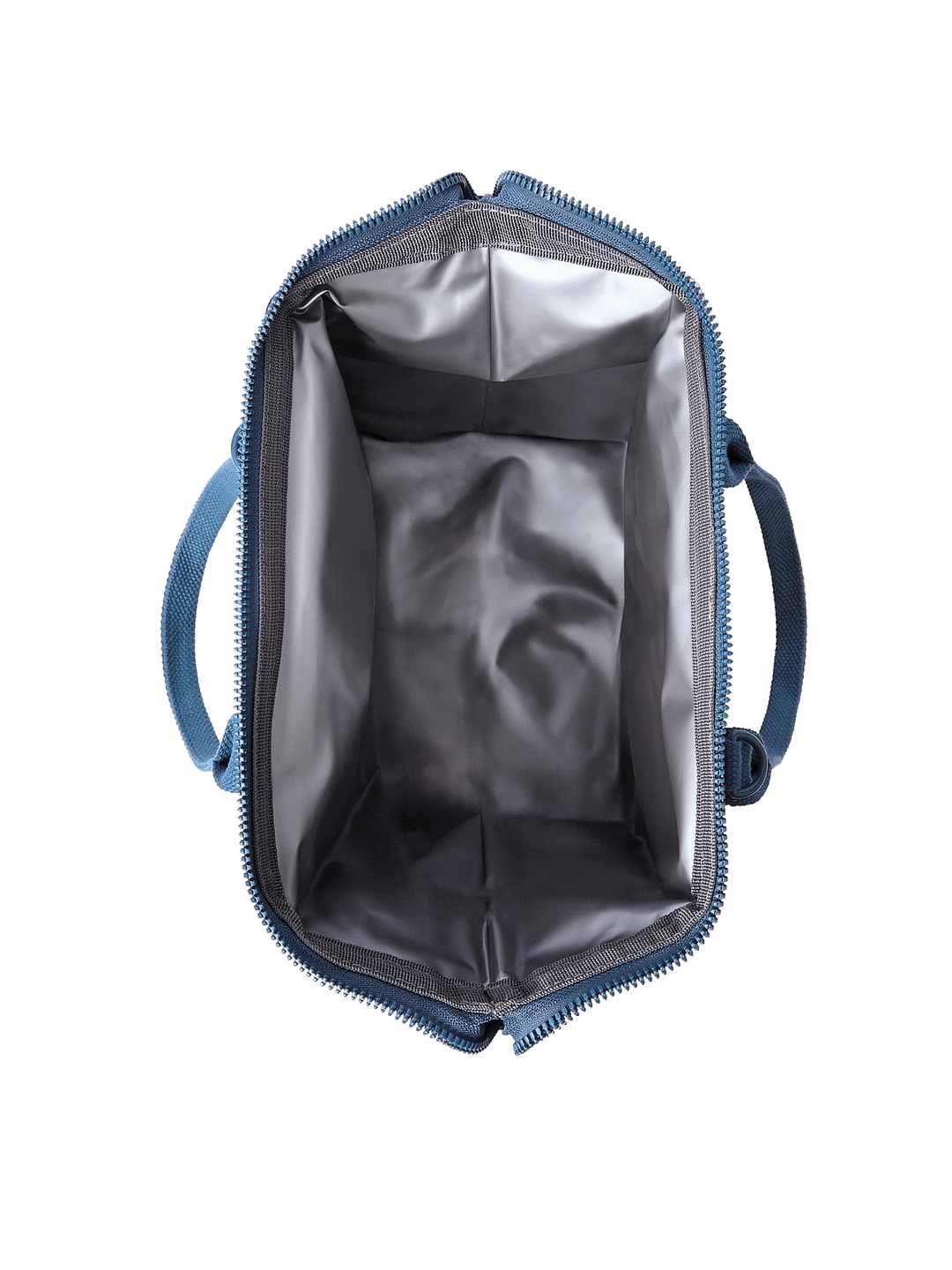 Open top view of The Lunch Bag in Navy Patchwork showing insulated leakproof interior