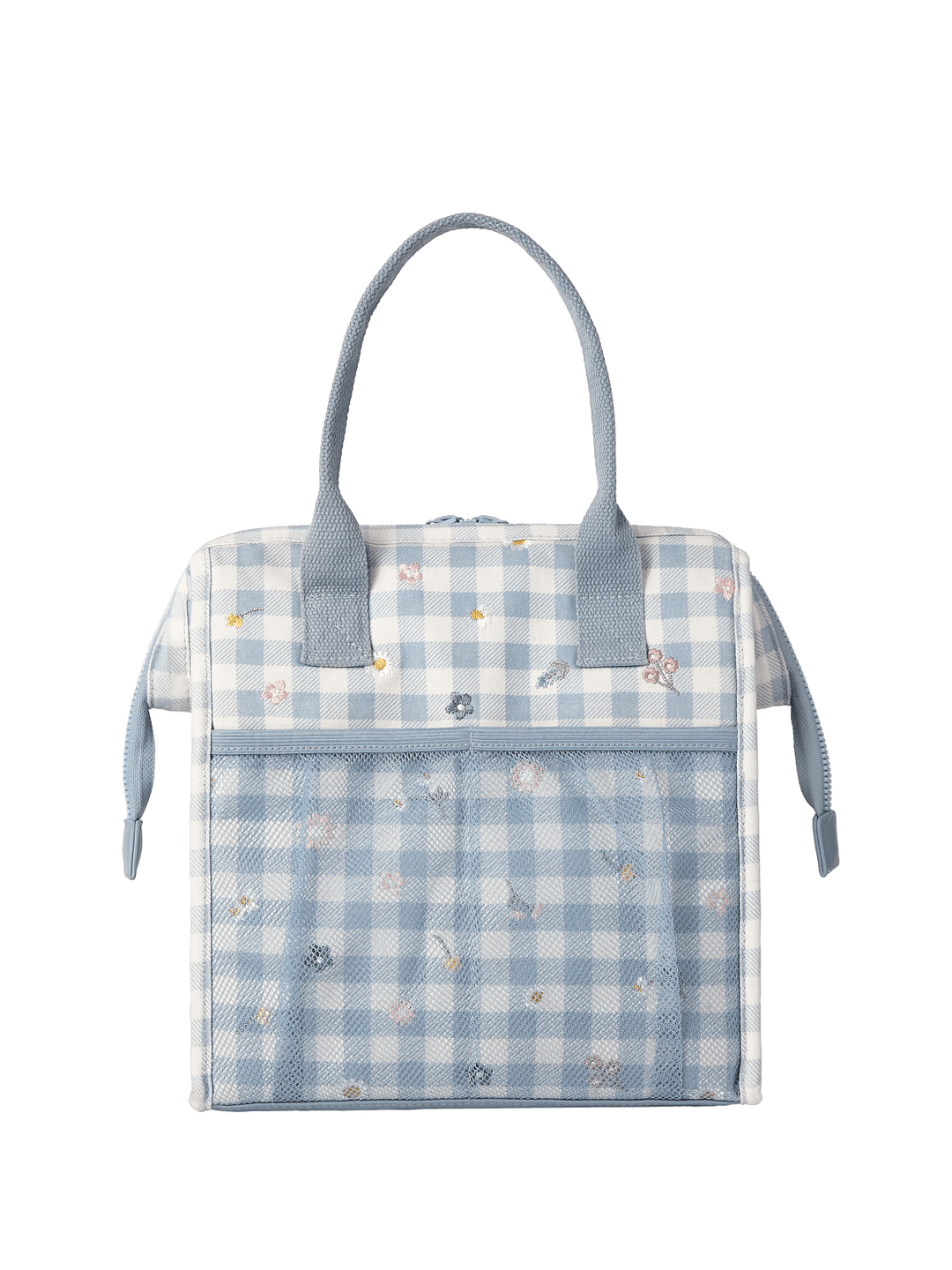 Blue gingham lunch bag with blue straps, blue mesh pockets and floral embroidery