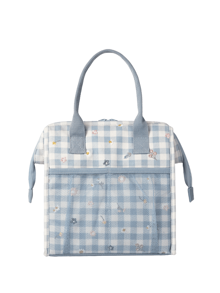 Blue gingham lunch bag with blue straps, blue mesh pockets and floral embroidery