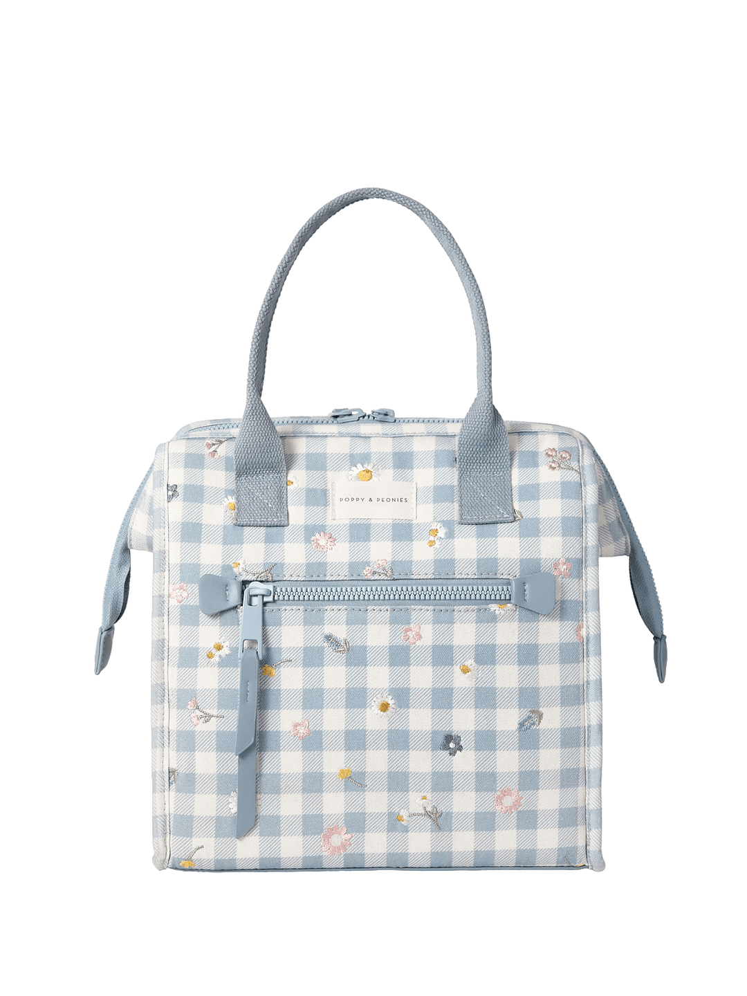 Blue gingham lunch bag with blue straps and floral embroidery