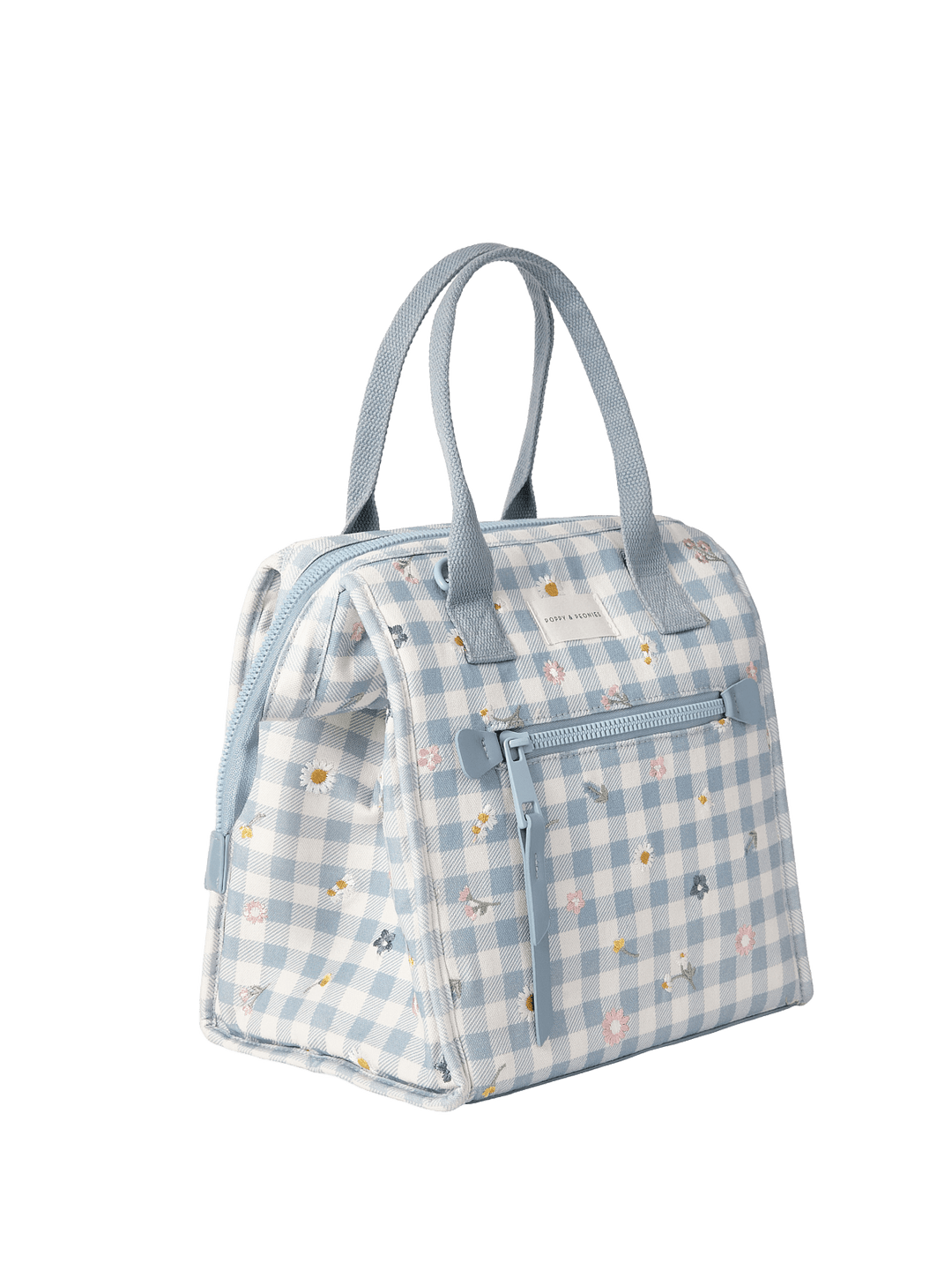 Blue gingham lunch bag with blue straps and floral embroidery