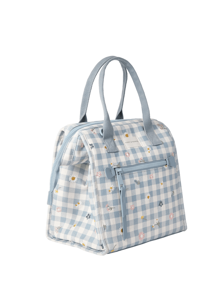 Blue gingham lunch bag with blue straps and floral embroidery