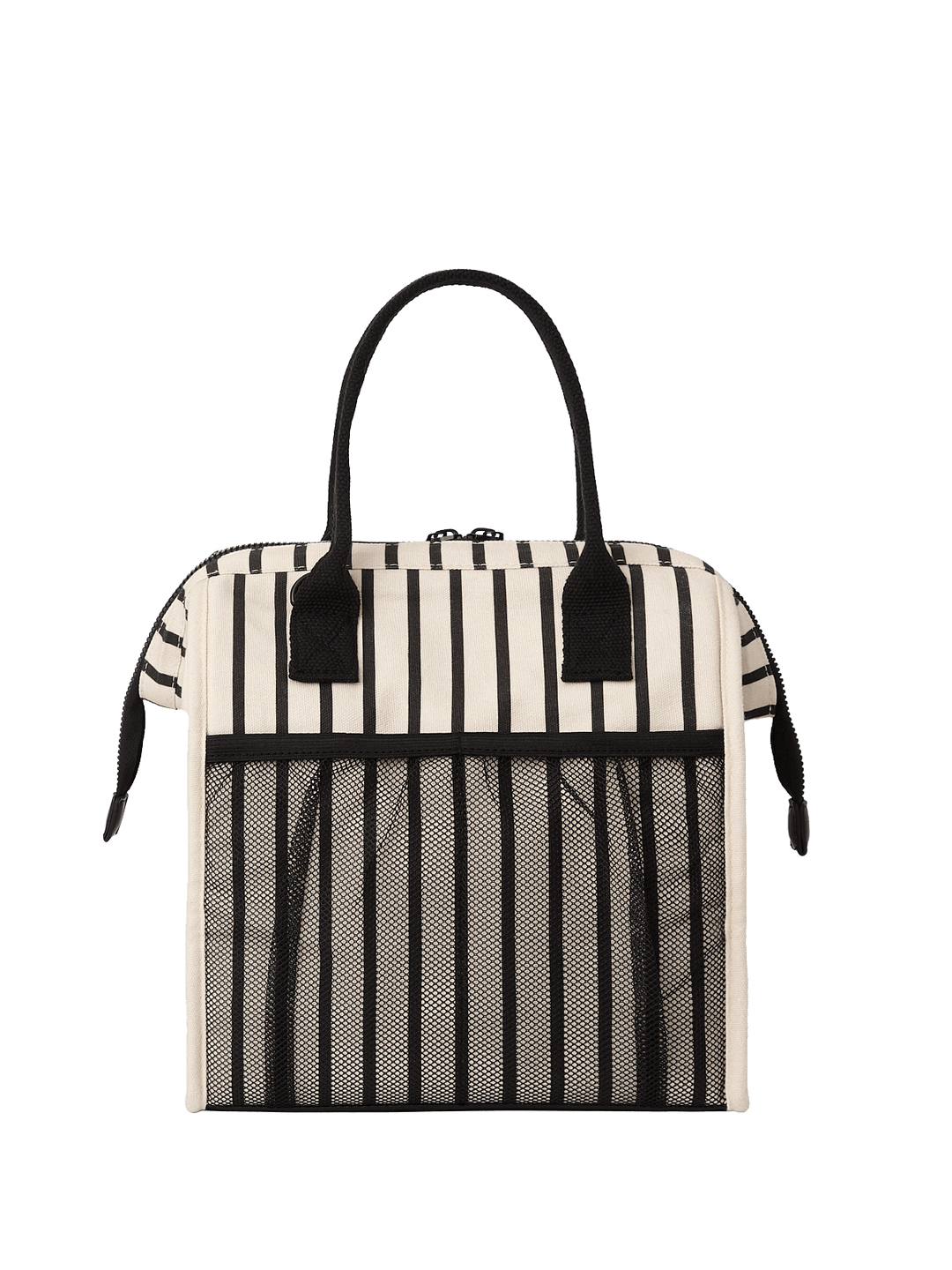 Black and white striped lunch bag with mesh pockets