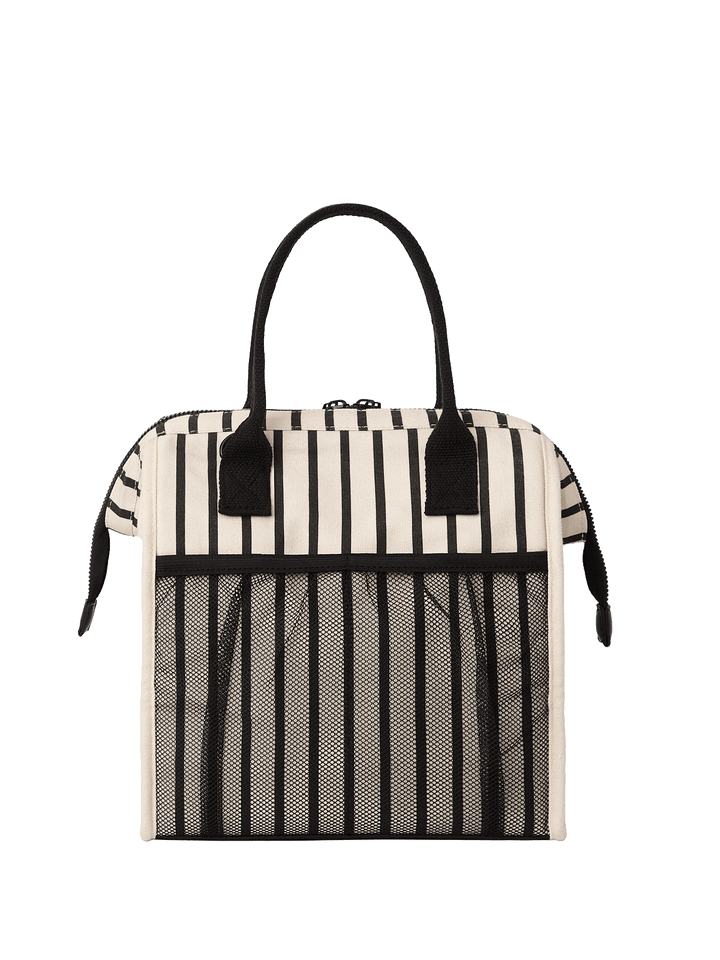 Black and white striped lunch bag with mesh pockets