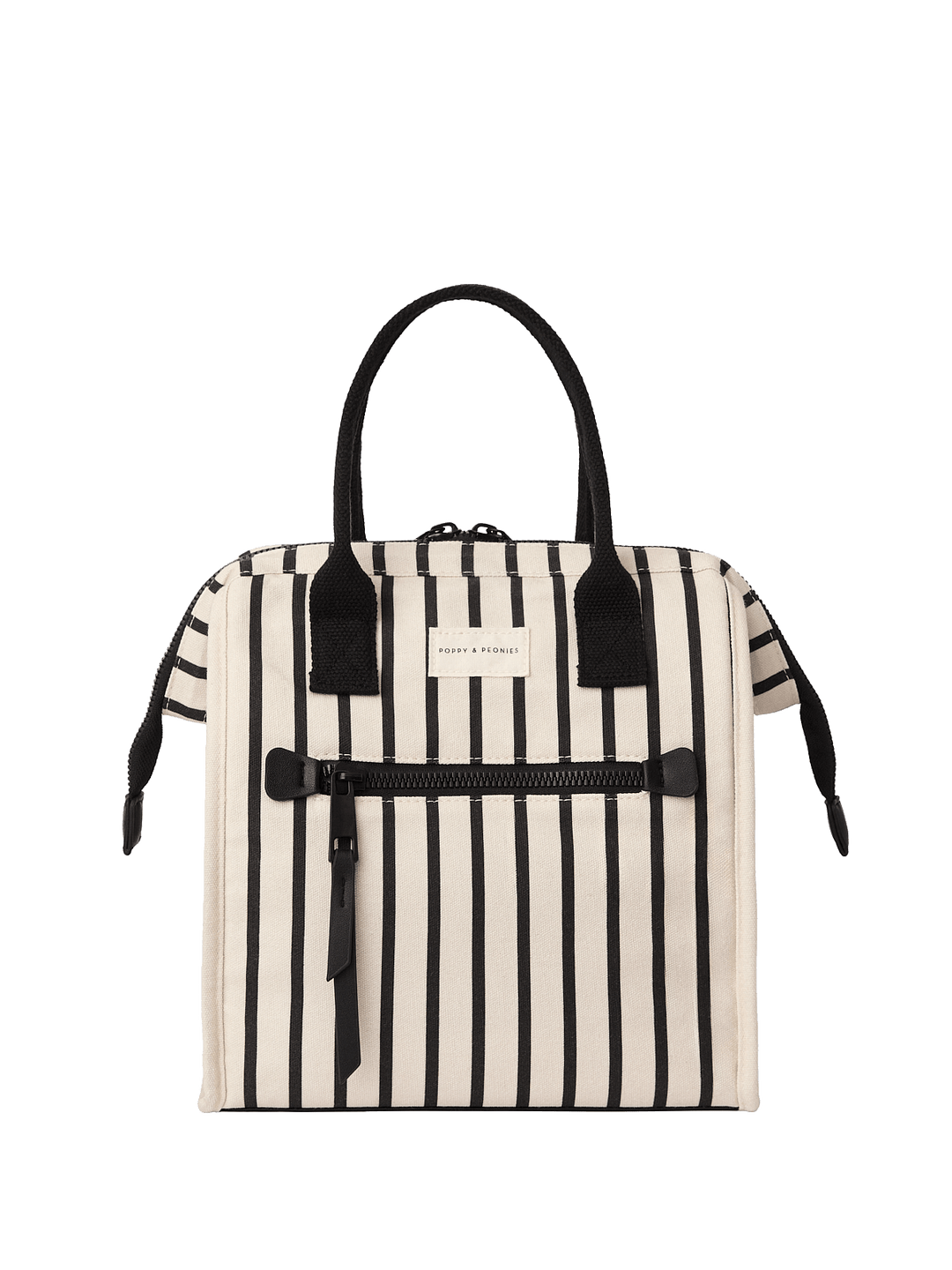 Black and white striped lunch bag with black handles and straps 