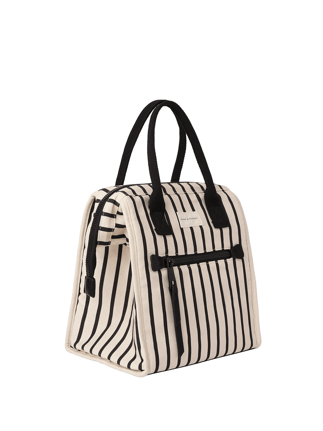 Striped lunch bag with black handles