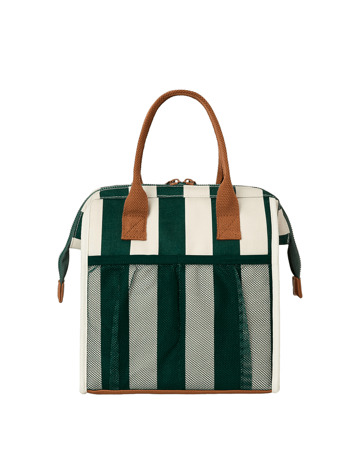 Green and white striped lunch bag with brown handles