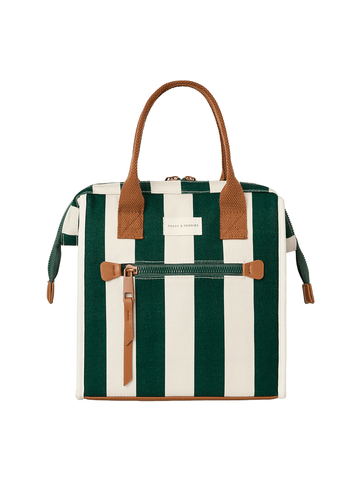 Green and white striped lunch bag with brown handles