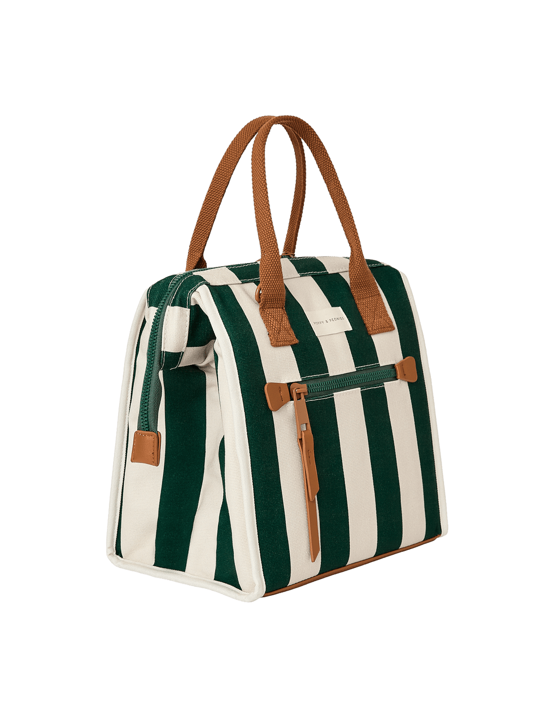 Green and white striped lunch bag with brown handles