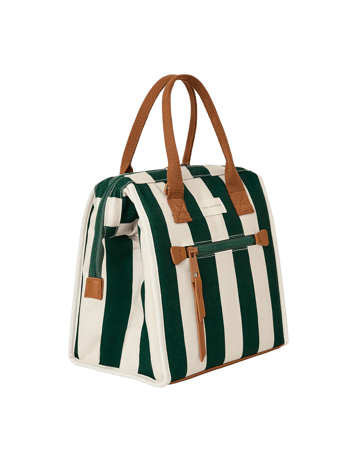 Green and white striped lunch bag with brown handles