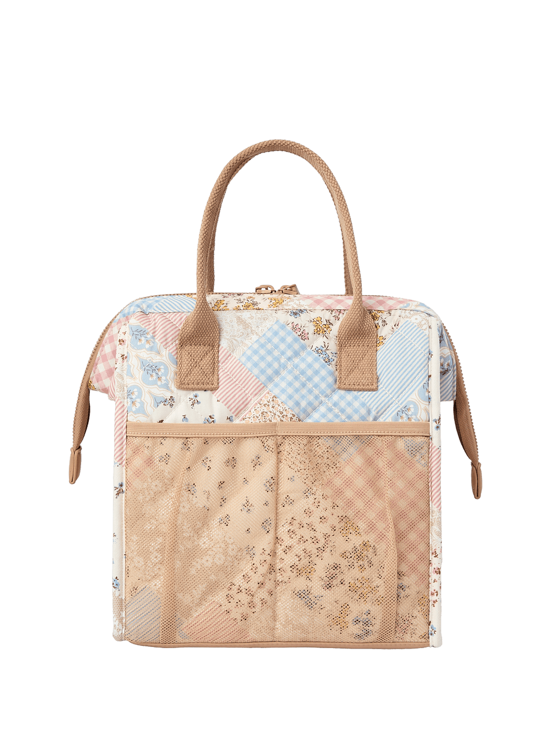 Patchwork lunch bag with a brown strap and outer mesh pockets