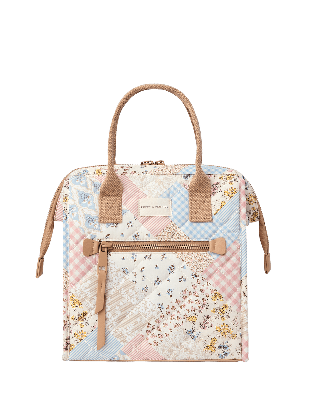 Patchwork lunch bag with a brown strap