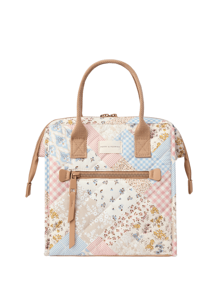 Patchwork lunch bag with a brown strap