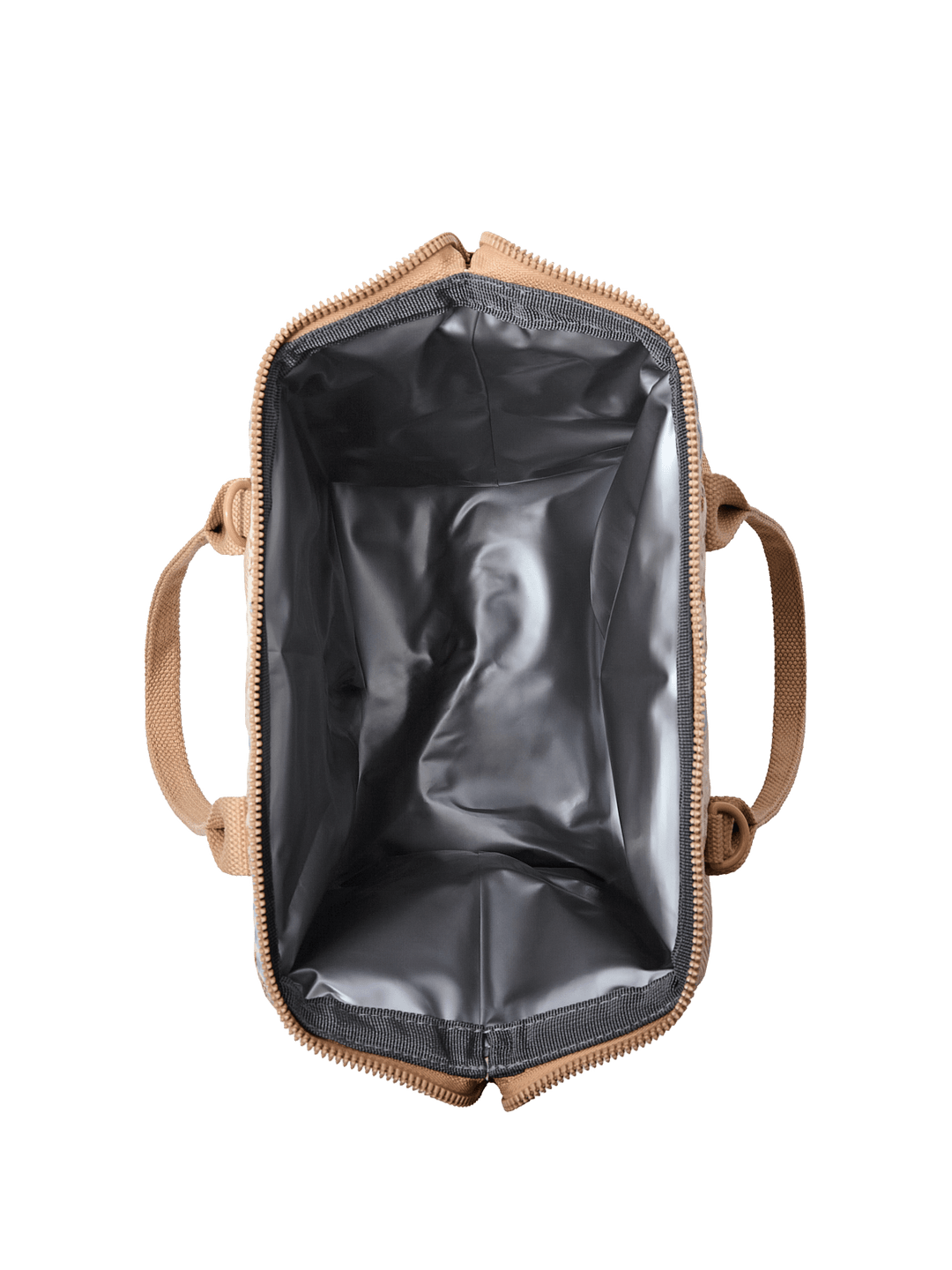 Interior of a patchwork lunch bag with a brown strap