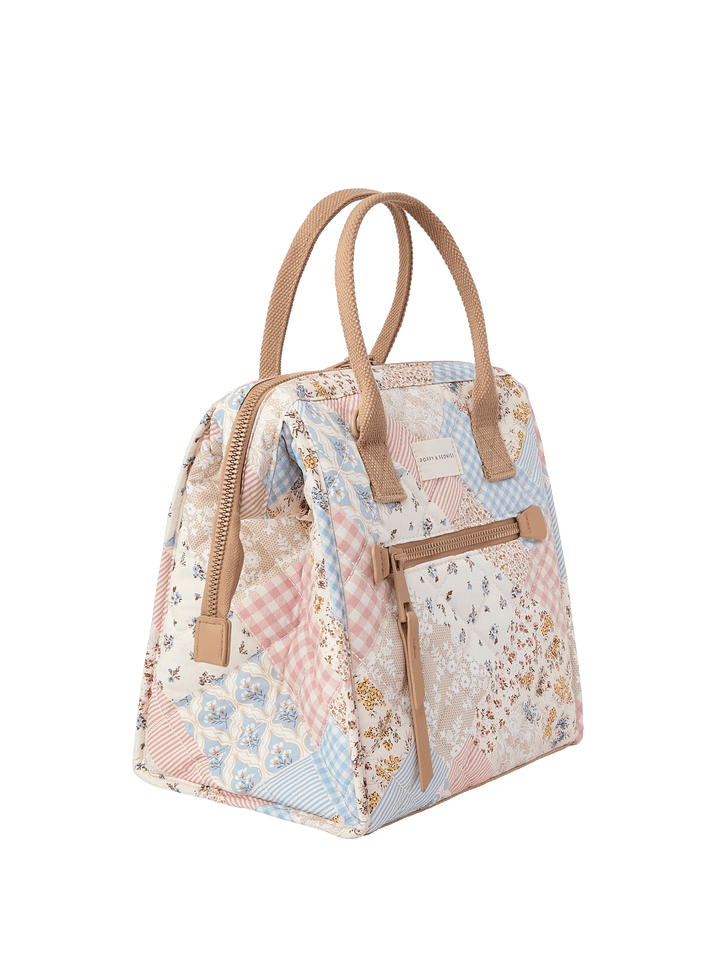 Patchwork lunch bag with a brown strap