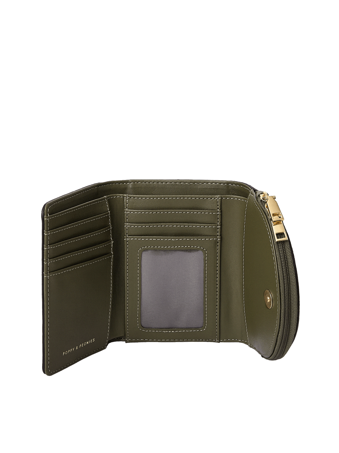Margaux Wallet in Olive showing card slots, ID window, and coin compartment