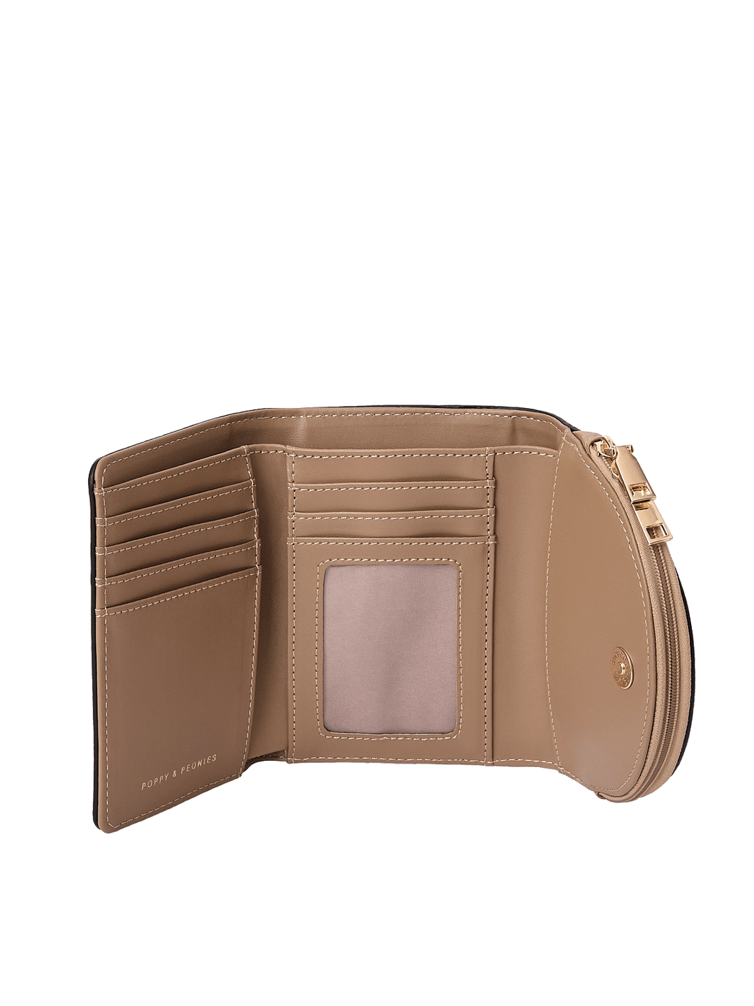 Margaux Wallet in Taupe showing card slots, ID window, and coin compartment