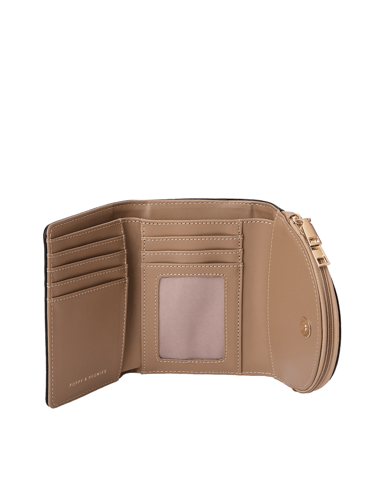 Margaux Wallet in Taupe showing card slots, ID window, and coin compartment