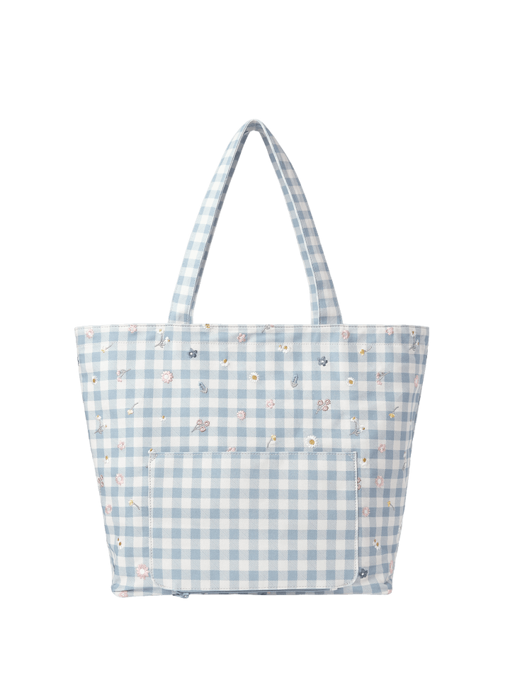 Blue gingham tote bag with floral embroidery