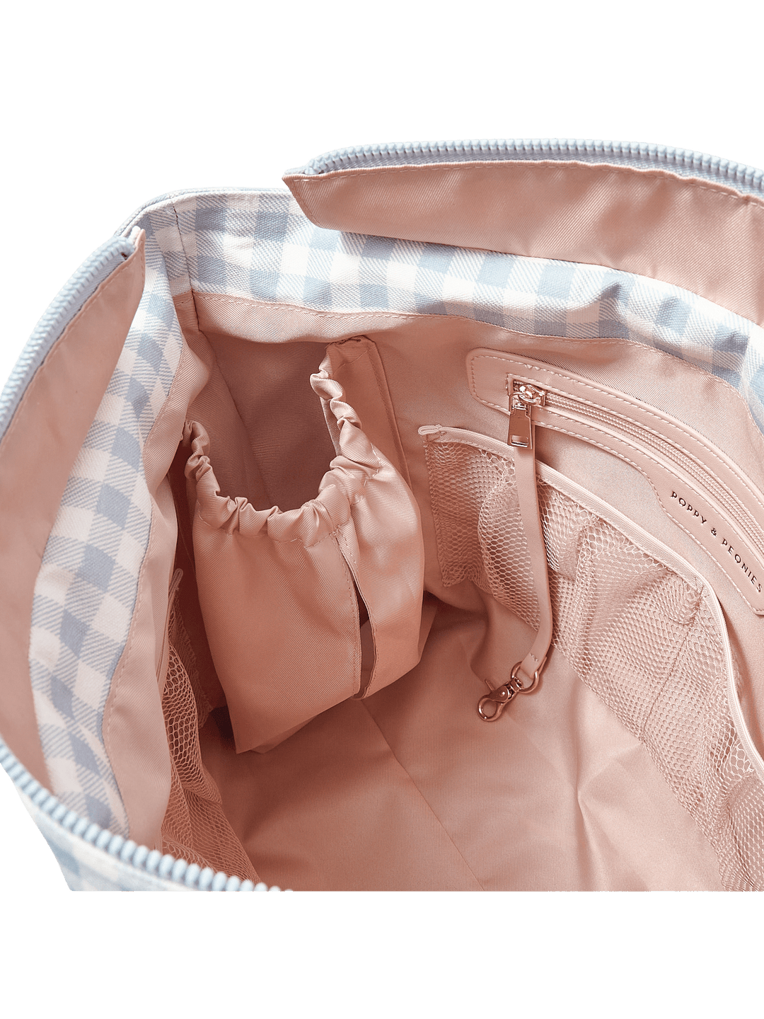 Interior water bottle pocket on a blue gingham tote bag with floral embroidery