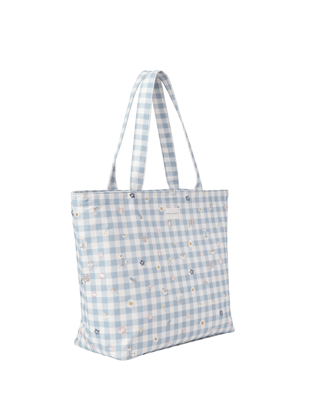Blue gingham tote bag with floral embroidery
