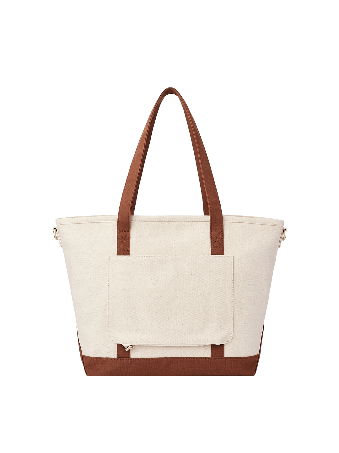 Back product view of Poppy & Peonies The Signature Tote in Chestnut, showing its cream canvas exterior, brown handles and horizontal exterior slip pocket.