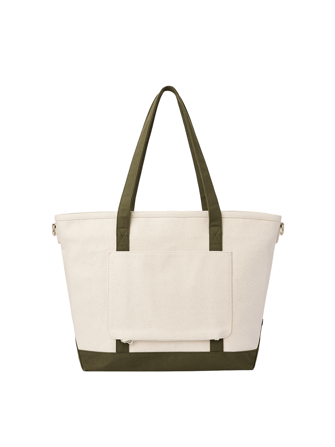 Back view of Poppy & Peonies The Signature Tote in Olive, featuring cream canvas, long olive green handles and a horizontal exterior slip pocket.